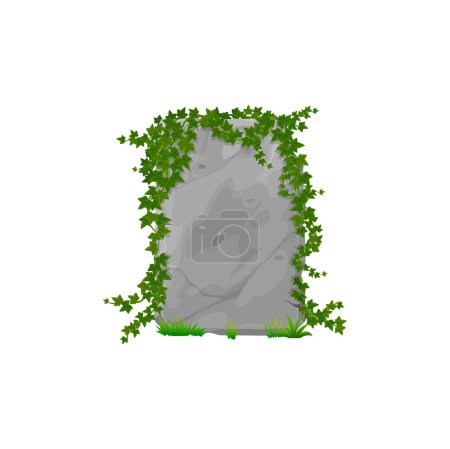Illustration for Jungle stone sign board with ivy leaves, game rock jungle panel, green tropical foliage on boulder frame with tropical vine, user interface element - Royalty Free Image