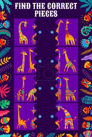 Illustration for Find the correct pieces of african giraffes kids game worksheet. Vector match the half of cartoon animals puzzle with funny giraffe separated parts in alebrije style. Kids development quiz riddle - Royalty Free Image