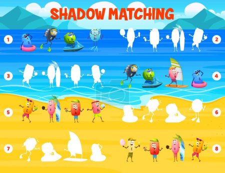 Illustration for Shadow matching game, cartoon vitamin characters on summer beach. Kids vector game for children logic activity development with funny D, K, B1, B12 and N, C, H, B5 or B9 and ? capsules on seaside - Royalty Free Image
