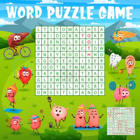 Illustration for Cartoon human organs sportsman characters, word search puzzle game. Vector worksheet kids quiz grid with heart, tooth, pancreas, ear and brain. Kidneys, liver, stomach, bladder and lungs personages - Royalty Free Image
