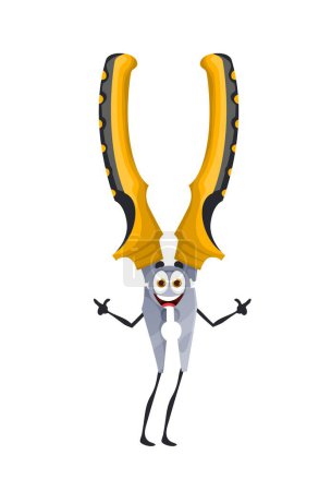 Illustration for Cartoon pliers, DIY and construction tool character, vector funny personage. Repair and building work equipment, toolbox instrument for fix and carpentry, woodworking and DIY handyman pliers character - Royalty Free Image