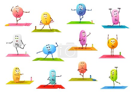 Illustration for Cartoon cheerful mineral characters on yoga, micronutrients on sport, vector personages. Kids healthy food supplement or mineral pills on sport, calcium, magnesium and zinc with iron and potassium - Royalty Free Image