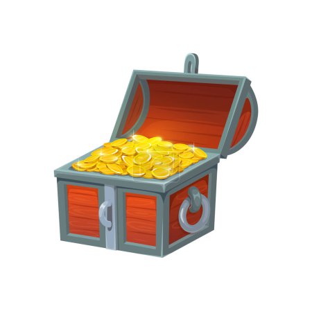 Illustration for Open treasure chest with golden coins, vector wooden trunk with pirate loot. Isolated cartoon box, ui game asset. Opened coffer with gold trophy, ancient royal money case, decorated box with treasury - Royalty Free Image