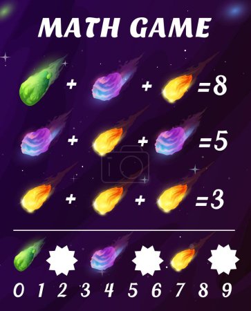 Illustration for Asteroids, comets and meteors math game worksheet. Vector numeracy riddle for kids, mathematics riddle for children education and learning arithmetic equations with cosmic objects, calculation task - Royalty Free Image