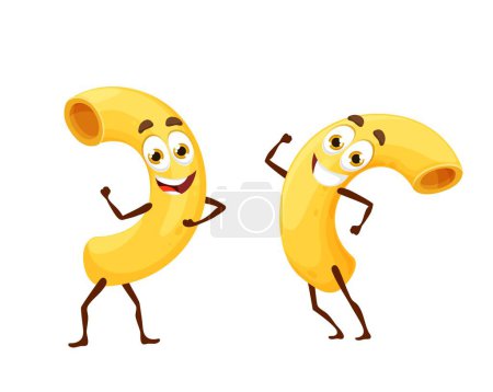 Illustration for Cartoon maccheroni pasta characters. Cheerful lively macaroni personages dance. Vector Italian gourmet food kawaii emoticon. Lovable and charming dinner emoji, entertaining noodle dancer dish of Italy - Royalty Free Image
