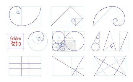 Ilustración de Proporciones de proporción dorada, equilibrio de composición en geometría y líneas espirales, secuencia vectorial de Fibonacci. proporciones de ración dorada y secciones de armonía geométrica en forma de círculo, cuadrado y triángulo - Imagen libre de derechos