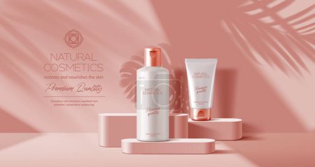 Illustration for Pink or coral podium with palm leaves and cosmetics mockup. Luxury cosmetics package presentation mockup on pedestal or podium, skincare lotion or cream container showcase realistic vector template - Royalty Free Image