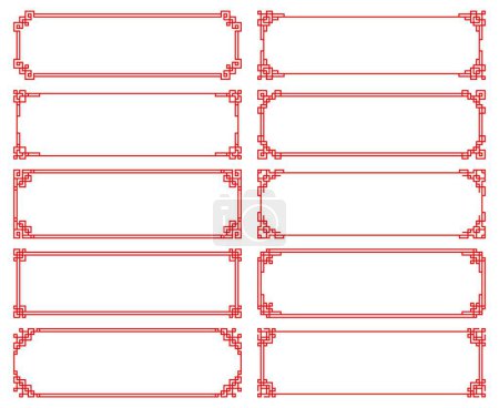 Illustration for Chinese red frames and borders, Asian geometric line ornament pattern for vector dividers. Chinese luck knot embellishment and Asian oriental decor for menu corner frames or geometric dividers - Royalty Free Image