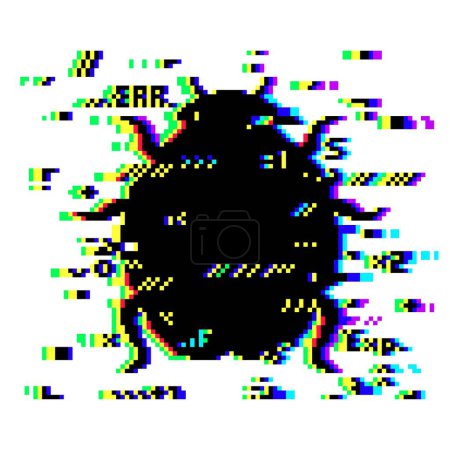 Ilustración de Error de fallo, efecto de distorsión fallido vector en forma de escarabajo con píxeles aleatorios de colores. Error de programa o software informático, ataque de hacker, actividad de malware o ransomware o daño de virus - Imagen libre de derechos