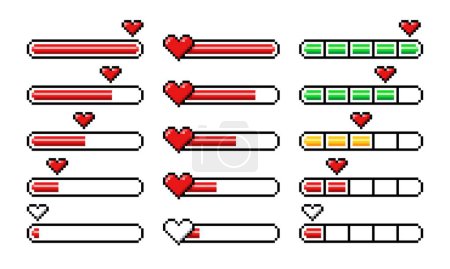 Illustration for Pixel heart loading bars, 8 bit video game arcade assets and life status, vector props icons. Pixel heart loading progress bar with yellow half, green full and red empty load of life or energy meter - Royalty Free Image