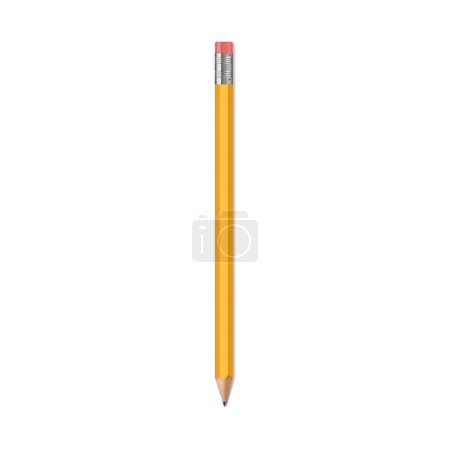 Téléchargez les illustrations : Crayon réaliste, outil d'écriture en bois jaune vecteur isolé avec gomme à effacer en caoutchouc. Modèle détaillé affûté de papeterie de bureau, instrument scolaire. Symbole de créativité, d'idée, d'éducation et de design - en licence libre de droit