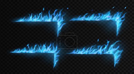 Illustration for Blue fire frame corners. Store sale and shopping discount promotion banner corners with burning magic blue flame borders, methane or propane gas fire, hell blaze realistic vector frames corners - Royalty Free Image