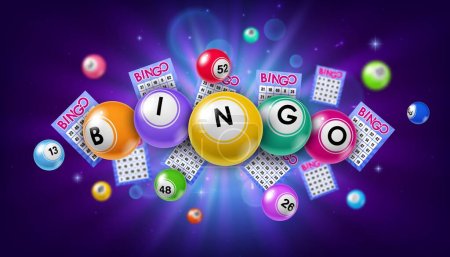 Illustration for Bingo lottery balls and tickets. Jackpot win, gambling lottery and fortune chance, casino lotto, luck opportunity realistic vector background. Gamble lucky bet 3d backdrop with flying bingo balls - Royalty Free Image