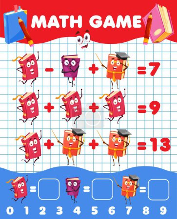 Illustration for Cartoon books and textbooks math game worksheet. Vector mathematics riddle page for addition and subtraction calculation learning and arithmetic skills development. Children puzzle task with books - Royalty Free Image