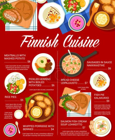Illustration for Finnish cuisine menu design template. Sausages in sauce Nakkikastike, whipped porridge with berries and pies, bread cheese Leipajuusto, soup Lohikeitto and Kalakukko, meatballs, herring with potatoes - Royalty Free Image