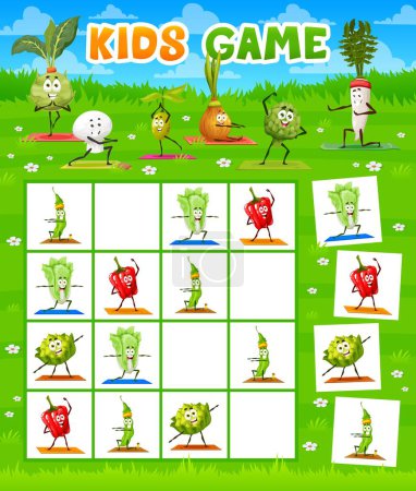 Illustration for Sudoku game cartoon vegetables on yoga fitness. Vector worksheet riddle with chinese cabbage, bell pepper, cauliflower and green pea characters exercising on chequered board. Educational teaser task - Royalty Free Image