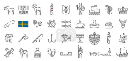 Illustration for Sweden line, lineart, outline icons. Swedish history, food and landmarks symbols, European country travel pictograms, nature signs. Moose and deer, coat of arms, salmon and herring fish, viking ship - Royalty Free Image