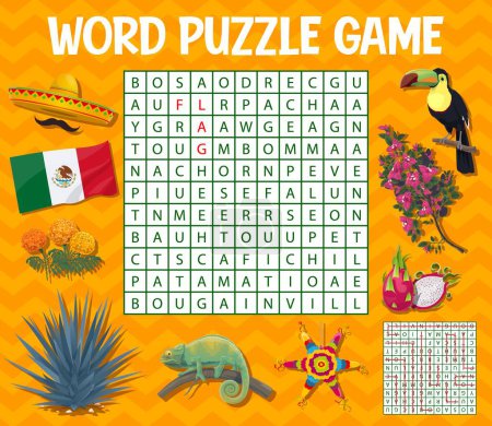 Illustration for Mexican food, animals and symbols, word search puzzle game, vector worksheet. Search word grid riddle to find words of Mexican flag, toucan and chameleon, agave cactus and pinata with sombrero - Royalty Free Image