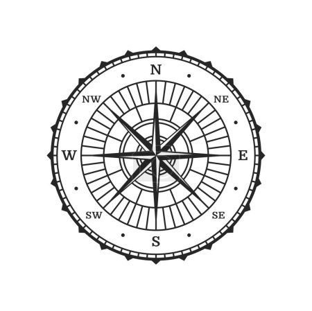 Illustration for Compass, wind rose navigation symbol. Marine expedition latitude, sea geography map wind rose or nautical cartography compass medieval vector symbol. Ocean navigation direction antique sign or icon - Royalty Free Image