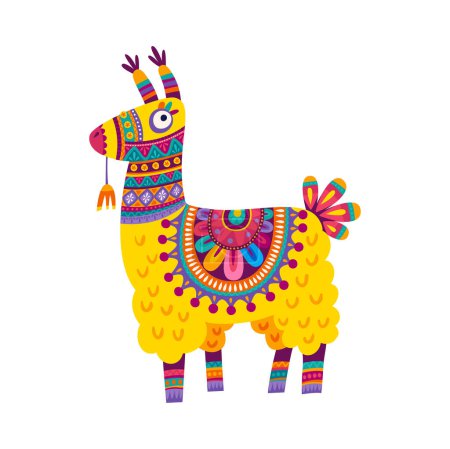 Illustration for Knitted llama toy with flowers print in ethnic design, kids toy. Vector cartoon llama or cute alpaca, comic peruvian animal, peruvian decoration on neck - Royalty Free Image