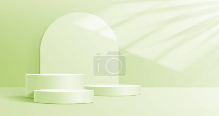 Illustration for Pistachio green podium mockup. Exhibition gallery clean platform, studio showroom display base or fashion showcase mock up 3d realistic vector backdrop with round podiums and plant leaves shadows - Royalty Free Image
