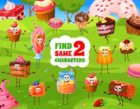 Illustration for Find two same cartoon funny sweets, desserts and cake characters on meadow. Kids vector game with muffin, cocktail, pie and baba. Jelly pudding, roll, macaroon, meringue and honey jar children riddle - Royalty Free Image