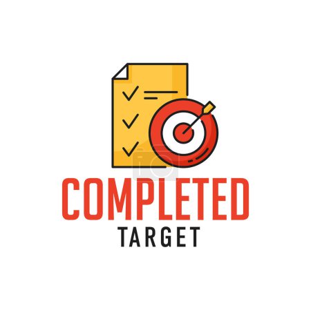 Illustration for Achieving success in business plan, goals outline icon. Company goals achievement pictogram, success in business planning outline vector symbol. Target complete sign with to do list, arrow in bullseye - Royalty Free Image