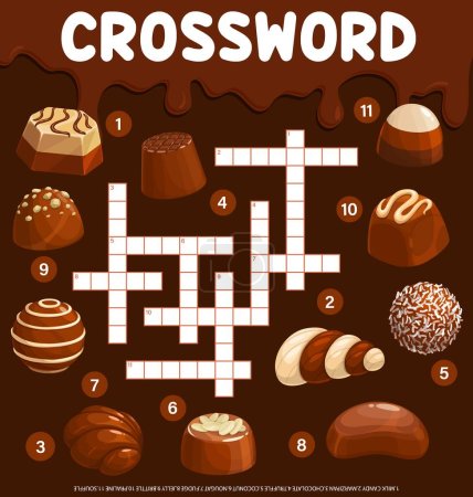 Illustration for Chocolate candies and sweets crossword grid worksheet, find a word quiz. Vector puzzle page with milk candy, marzipan, truffle and coconut. Nougat, fudge, jelly and brittle, praline and souffle - Royalty Free Image