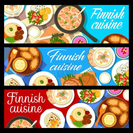 Illustration for Finnish cuisine meals banners. Salmon soup Lohikeitto, rice pies and pie Kalakukko, sausages in sauce, bread cheese Leipajuusto and pickled herring with potatoes, meatballs, porridge with berries - Royalty Free Image