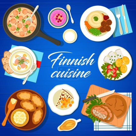 Illustration for Finnish cuisine food menu cover. Pickled herring with potatoes, salmon soup and meatballs, rice pies, bread cheese Leipajuusto and pie Kalakukko, porridge with berries, sausages in sauce Nakkikastike - Royalty Free Image