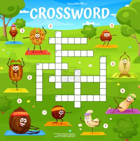 Illustration for Cartoon nuts characters on yoga on meadow. Crossword quiz game grid. Find a word vector worksheet with macadamia, walnut, almond and coconut. Peanut, pecan, cashew, pistachio and hazelnut personages - Royalty Free Image