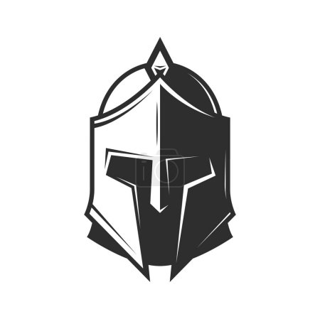 Illustration for Knight warrior helmet, heraldry armor of medieval soldier, ancient roman gladiator or spartan fighter. Vector great helm or armet with visor, old metal armour front view of trojan army warrior - Royalty Free Image