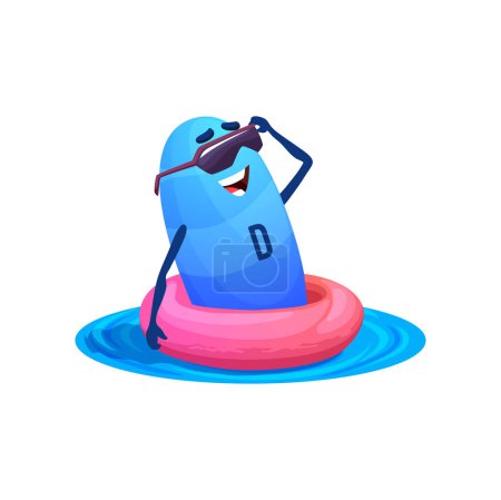 Illustration for Cartoon vitamin D character on floater ring. Vector supplement calciferol capsule personage wearing sunglasses swimming in sea or pool at sunlight. Isolated smiling pill enjoying time on vacation - Royalty Free Image