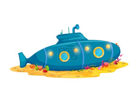 Illustration for Cartoon submarine ship, underwater house building in bathyscaphe boat, vector undersea home dwelling. Underwater fantasy world shelter in sunken submarine or bathyscaphe with windows and door - Royalty Free Image