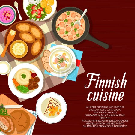 Illustration for Finnish cuisine restaurant menu cover. Porridge with berries, rice pies and soup Lohikeitto, meatballs, cheese Leipajuusto and fish pie Kalakukko, herring with potatoes, sausages in sauce Nakkikastike - Royalty Free Image