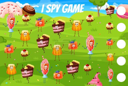 Illustration for I spy game worksheet cartoon candy, pastry and cake characters. Kids vector jigsaw riddle with pie, cupcake, jelly pudding with cocktail and baba sweet pastry food personages. How many sweets test - Royalty Free Image