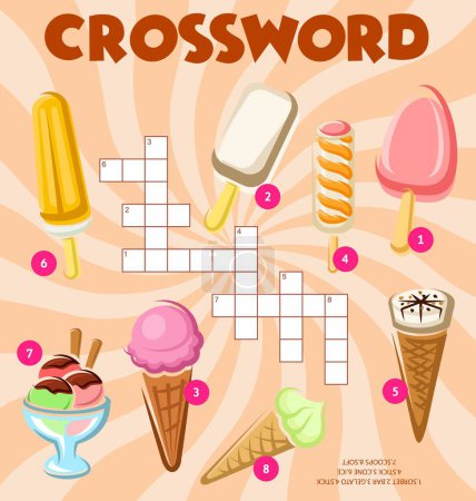 Illustration for Ice cream desserts, crossword puzzle worksheet, vector word quiz. Crossword grid to guess words of ice cream sweet food, sorbet and gelato on stick, soft icecream scoop in wafer cone and bars - Royalty Free Image