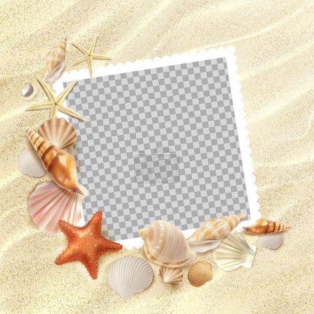 Illustration for Photo frame on summer beach. Seaside top view with seashells and starfish on sea sand. Vector photoframe with realistic shells, conch and white wavy sandy background. Empty border template for memory - Royalty Free Image