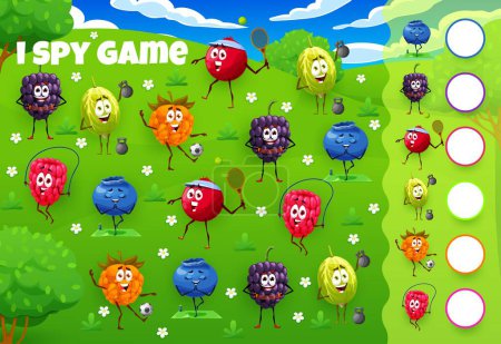 I spy game worksheet. Cartoon cheerful berry characters on summer meadow. Blueberry, gooseberry and raspberry, cowberry, blackberry cute personages doing fitness on kids I spy puzzle game vector quiz