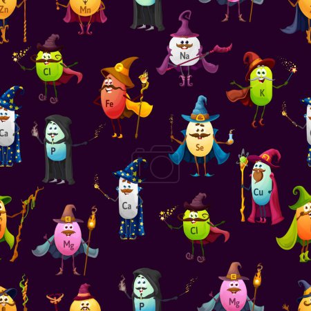 Illustration for Cartoon wizard micronutrient mineral characters seamless pattern, vector background. Calcium mage, zinc and potassium sorcerers with magic wands and wizard hats, food supplement micronutrients pattern - Royalty Free Image