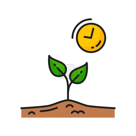Illustration for Plant growth time, agriculture and agronomy color line icon. Plant grow outline vector icon with sprout and clock, gardening or agronomy sign. Harvest germination, agriculture thin line symbol - Royalty Free Image
