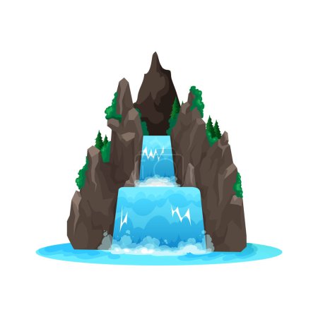 Illustration for Cartoon waterfall or water cascade, nature landscape of mountain river flow, isolated vector. Waterfall cascade on tropical island rock or jungle forest lake with falling water splashes into cave - Royalty Free Image