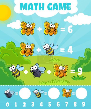 Illustration for Cartoon funny insect characters in math game worksheet, vector kids quiz. Cheerful butterfly, fly and bee or bumblebee wasp in mathematics education puzzle game for number count and calculation - Royalty Free Image