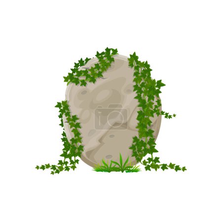 Illustration for Green tropical foliage on boulder frame with tropical vine, user interface element. Game rock jungle panel, jungle stone sign board with ivy leaves - Royalty Free Image