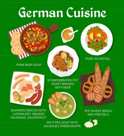 Illustration for German cuisine menu with food and dish meals for dinner and lunch, vector poster. German restaurant food menu with pork beer soup and schnitzel, Bavarian snacks with liverwurst sausages and sauerkraut - Royalty Free Image