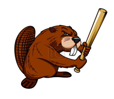 Illustration for Cartoon beaver baseball player mascot of sport team or club. Vector beaver animal character hitting with wooden bat. Funny personage of baseball sport game batter or hitter player - Royalty Free Image