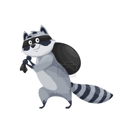Illustration for Cartoon raccoon character, isolated vector racoon wild forest animal bandit or thief wear black robber mask carrying big sack with stolen food or things. Coon villain personage for kids book or game - Royalty Free Image