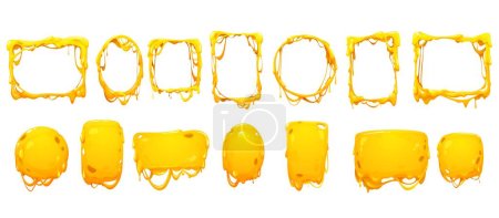 Illustration for Cheese melt frames and borders of yellow sauce drips, vector Cheddar, Parmesan or Mozzarella. Cheese melting frames and borders of yellow cartoon cheesy flows for picture or photo background - Royalty Free Image