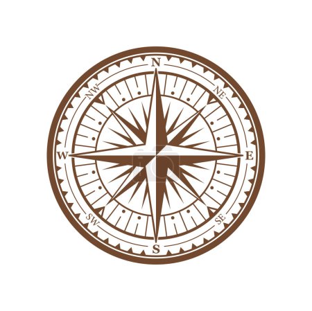 Illustration for Vintage compass wind rose, medieval nautical navigation sign. Isolated vector maritime symbol for marine travel and orienteering in ocean. Windrose retro element for map and cartography direction - Royalty Free Image