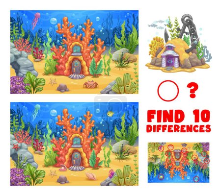 Illustration for Find ten differences on underwater landscape. Kids vector game worksheet, riddle with cartoon mermaid coral house on seafloor with colorful seaweeds, jellyfish, crab, starfish or puffer fish in sea - Royalty Free Image
